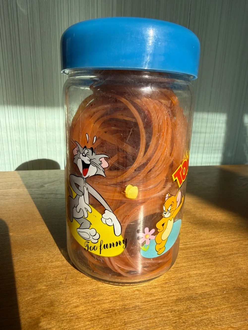 Quirky Retro Oddball Vintage Floral Cartoon Tom & Jerry Storage Jar w/ Blue Lid